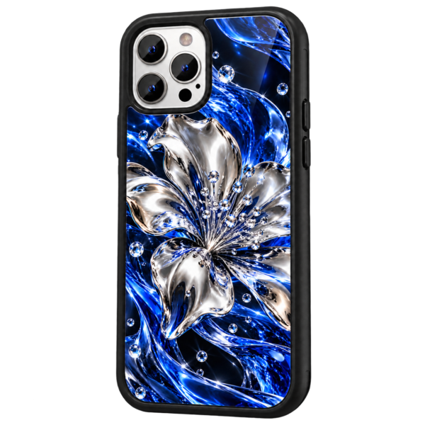 chrome-bloom-case-transparent-final Chrome Bloom glossy glass phone case with metallic silver flower and cobalt blue ribbons