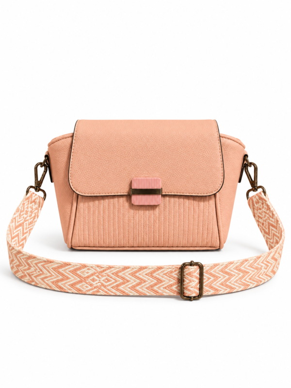 vyntera-blush-front-strap-white Blush Textured Sling Bag front view with detachable printed strap on white