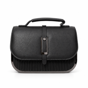 vyntera-noir-front-white Noir Pleat black top-handle bag, front view on white