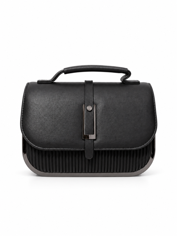 vyntera-noir-front-white Noir Pleat black top-handle bag, front view on white